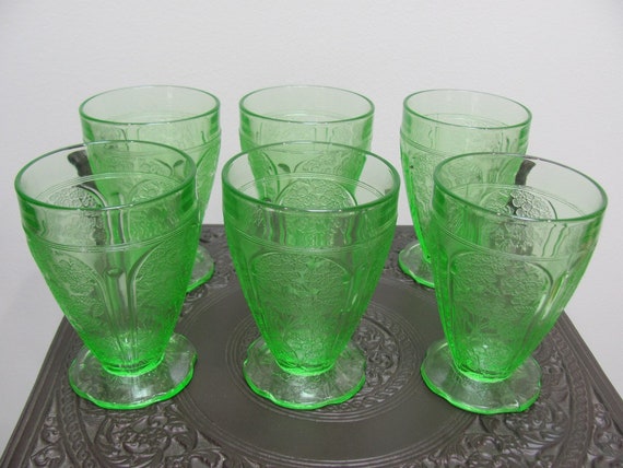Set 6 GREEN Depression Glass CHERRY BLOSSOM Round Footed 4 | Etsy