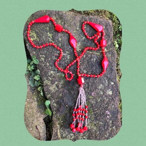 Antique 1930s CHERRY RED Czech Glass Tassel FLAPPER Necklace