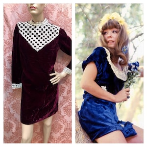 Vtg 1960s Bordeaux Velvet BABY DOLL Mini-Dress w/Schiffli Lace