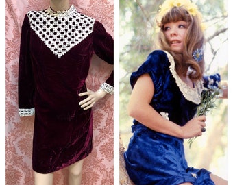 Vtg 1960s Bordeaux Velvet BABY DOLL Mini-Dress w/Schiffli Lace