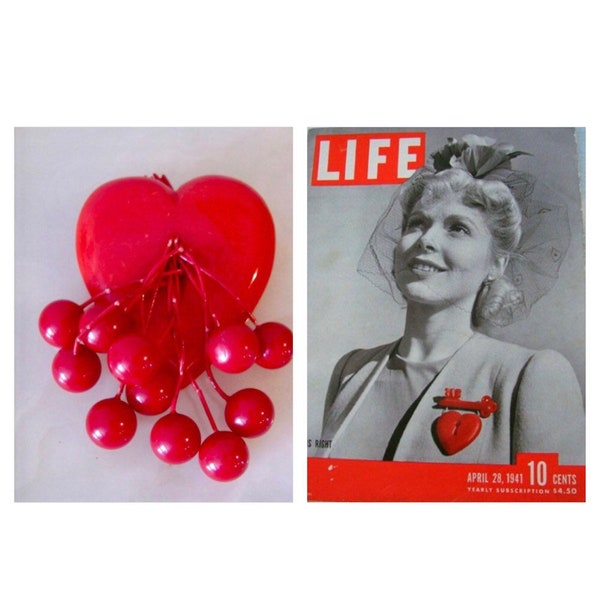 Vtg 1940s Red BAKELITE HEART Brooch w/CHERRIES