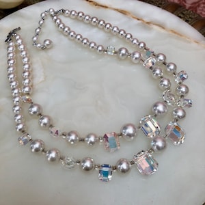Vtg 1960s Debutante Pearls w/Aurora Borealis EMERALD CUT Crystals