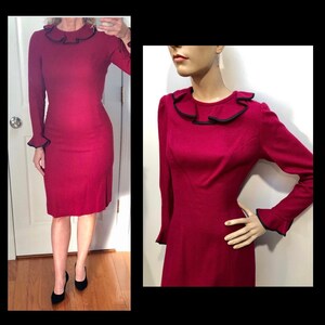 Vtg 1950s BERRY RED Wool Wiggle Dress w/Ruffled Collar-Cuffs XXS