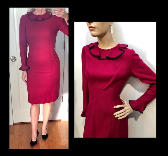 Vtg 1950s BERRY RED Wool Wiggle Dress w/Ruffled C… - image 1