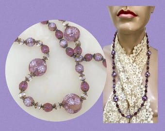 VTG 1960s LILAC MILLEFIORI Venetian Glass Bead Necklace