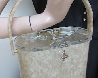 Vintage 1960's Champagne LUCITE BOX Purse w/CHERRIES carved Lid