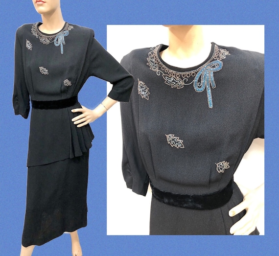 VTG 1940s Rayon Crepe PEPLUM Beaded SWING Dress - image 1