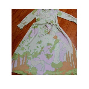 Vtg 1970’s BILL TICE Flapper & Greyhound Novelty Print Maxi Dress