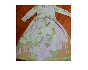 Vtg 1970’s BILL TICE Flapper & Greyhound Novelty Print Maxi Dress