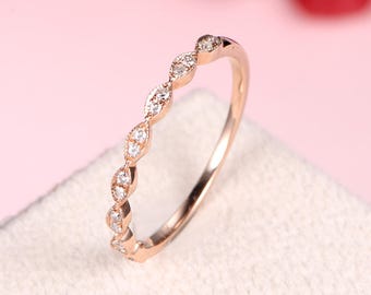 Antique Diamond Wedding Band Rose Gold Women Bridal Engagement Ring Half Eternity Marquise Milgrain Retro Stacking Matching Band for Her