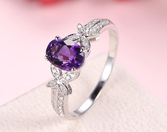 Amethyst Engagement Ring Oval Cut White Gold Antique Diamond Twig Flower Wedding Ring Women Anniversary Gift Retro Ring for Her Promise
