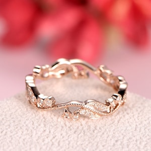 Diamond Wedding Band Rose Gold Antique Art Deco Women Bridal Ring Floral Vintage Anniversary Gift Full Eternity Milgrain Promise Band Unique