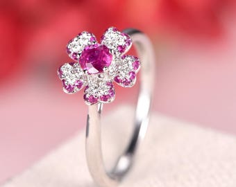 Ruby Engagement Ring Round Cut White Gold Diamond Floral Flower Halo Wedding Ring Women Bridal Anniversary Gift Antique July Birthstone Ring