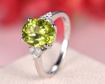 Peridot Engagement Ring Oval Cut White Gold Diamond Cluster Wedding Band Bridal Anniversary Gift August Birthstone Promise Ring Green