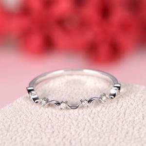 White Gold Diamond Wedding Band Half Eternity Stacking Ring Unique Minimalist Bridal Stackable Ring Anniversary Promise Gift Thin