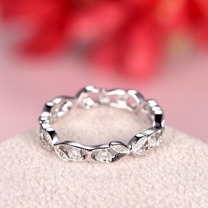 Diamond Wedding Band White Gold Flower Floral Engagement Ring Bridal Stacking Ring Antique Vintage Bridal Anniversary Gift Women Stackable