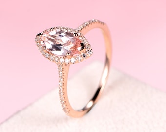 Marquise Cut Morganite Engagement Ring Rose Gold Diamond Halo Women Wedding Anniversary Promise Ring Half Eternity Band Antique Micro Pave