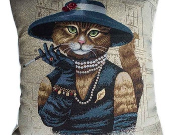 Jacquard tapestry cushion cover with elegant cat pattern and cotton fabric