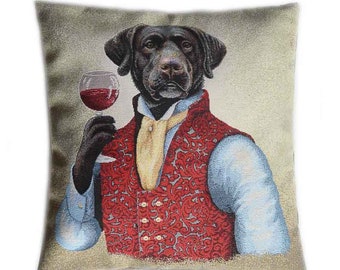 Housse de coussin tapisserie jacquard motif Chien Labrador Vin