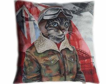 Jacquard tapestry cushion cover with Aviator Cat motif