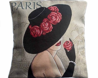 Housse de coussin tapisserie jacquard motif Femme Paris rétro et suédine marron