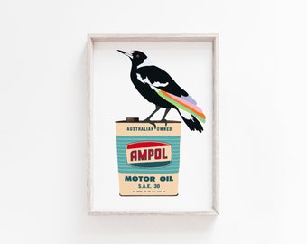 Magpie, Ampol Digital Art Print, Giclee, Australiana, Vintage Tin