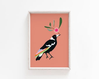 Magpie  Digital Art Print, Giclee, Australiana, Vintage Tin, Australian Bird, Botanical Art