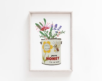 Honey Tin Digital Art Print, Giclee, Australiana, Vintage Tin, Botanical Art, Australian Native Flowers