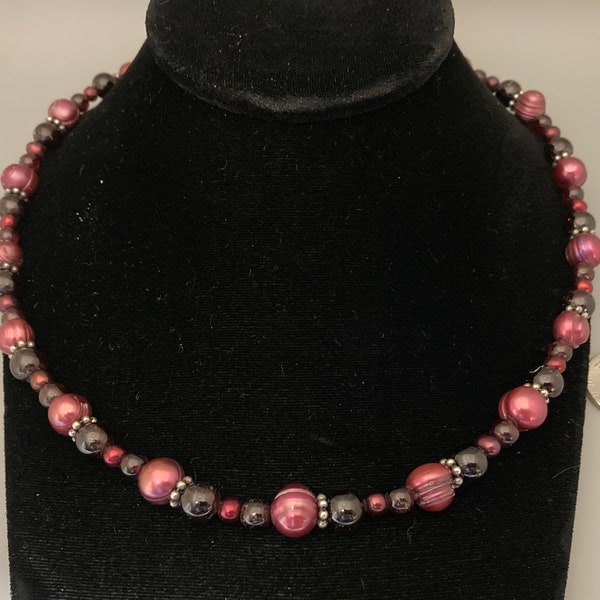 Very Rare Carolyn Pollack Garnet, Fuchsia & Deep Red or Wine Colored Pearl Beads Necklace W/Sterling Silver Extender