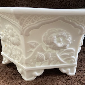 Fenton Art Glass Milk Glass Hexagon Planter Bowl With Raised Flowers