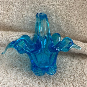 Very Pretty Vintage Murano Blue Glass Basket Glass. Small 3.5” Tall x 5” Wide