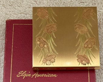 Vintage Elgin American Compact With Original Box Etched Rose Gold Tone Flowers