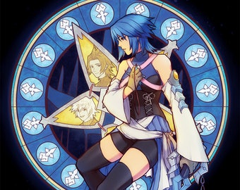 May include: A blue-haired anime character wearing a blue and black outfit stands in front of a stained glass window with a blue and gold design. The character is holding a blue sword in their right hand.