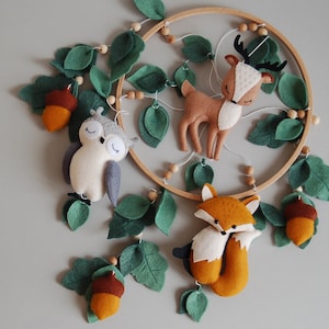 Felt Woodland Animals Baby Mobile: Fox, Owl, Deer Nursery Decor