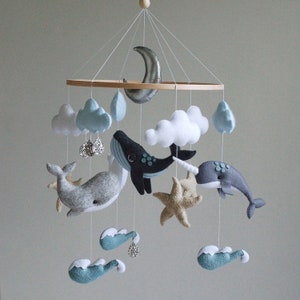 Whale baby mobile nursery Felt baby mobile boy narwhal dolphin Sea ocean waves nursery hanging crib mobile newborn baby shower gift