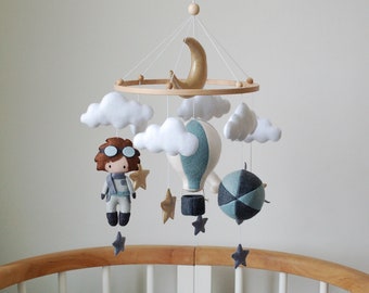 Pilot Baby Mobile, air ballon gold stars plane mobile nursery mobile crib mobile moon hanging mobile clouds stars nursery mobile baby shower