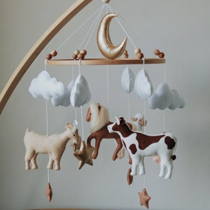 Farm Baby Mobile cow, horse, goat, sheep neutral animals nursery felt crib moon and clouds image 1