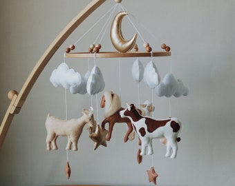 Farm Baby Mobile | cow, horse, goat, sheep neutral animals nursery felt crib moon and clouds