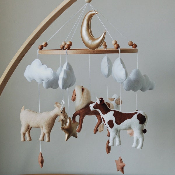 Farm Baby Mobile | cow, horse, goat, sheep neutral animals nursery felt crib moon and clouds