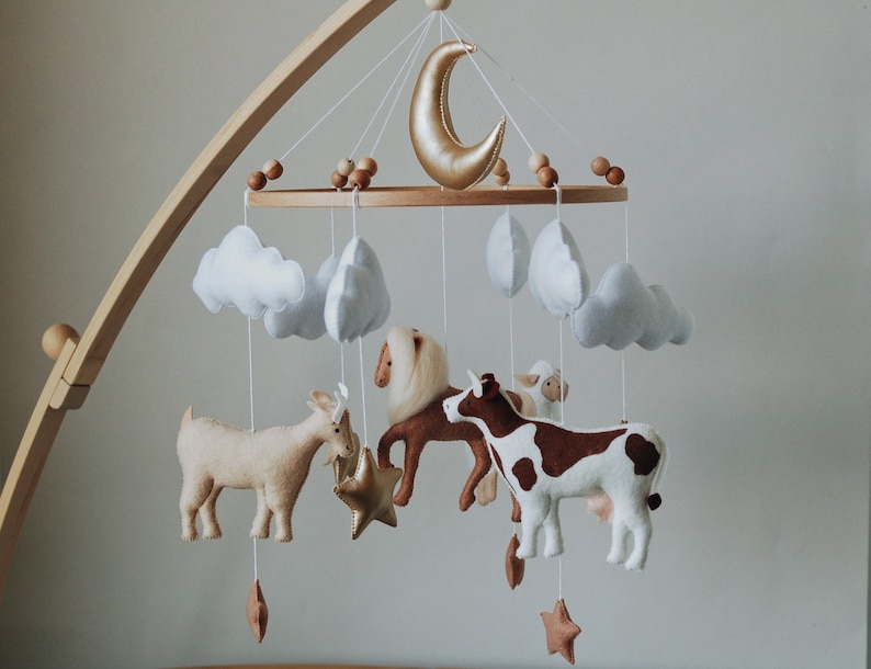 Farm Baby Mobile cow, horse, goat, sheep neutral animals nursery felt crib moon and clouds image 1