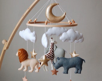 Baby mobile neutral animals Africa nursery mobile felt Africa safari giraffe, lion, rhino and elephant. Crib mobile moon and clouds mobile.