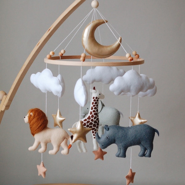 Baby mobile neutral animals Africa nursery mobile felt Africa safari giraffe, lion, rhino and elephant. Crib mobile moon and clouds mobile.