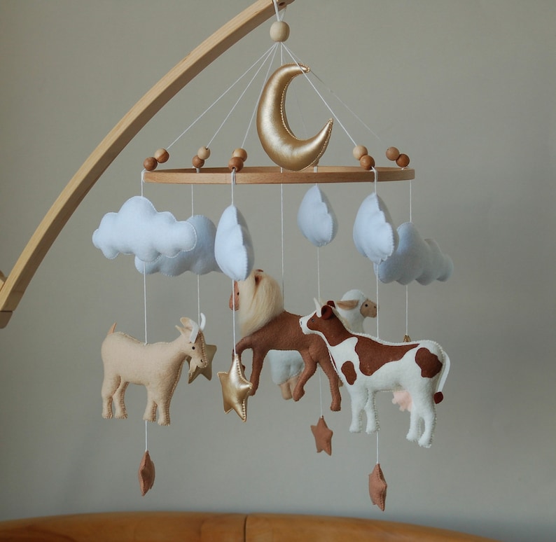 Farm Baby Mobile cow, horse, goat, sheep neutral animals nursery felt crib moon and clouds image 6