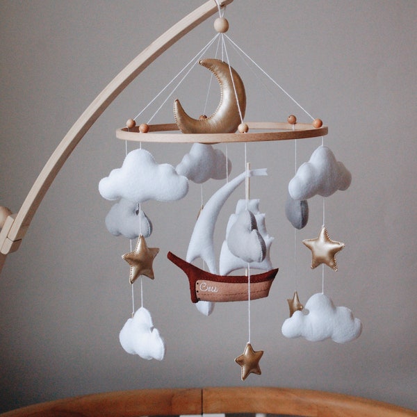 Personalized Ship Baby Mobile | nursery Felt baby mobile boy sea ocean waves hanging crib mobile newborn baby shower gift