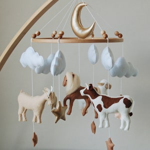 Farm Baby Mobile cow, horse, goat, sheep neutral animals nursery felt crib moon and clouds image 4