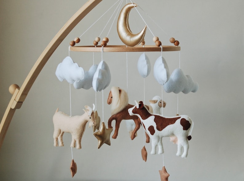 Farm Baby Mobile cow, horse, goat, sheep neutral animals nursery felt crib moon and clouds image 4