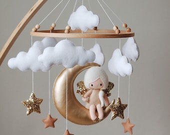 Fairy on the moon mobile, Baby mobile girl wings nursery mobile crib hanging mobile clouds flowers mobile nursery decor baby shower present