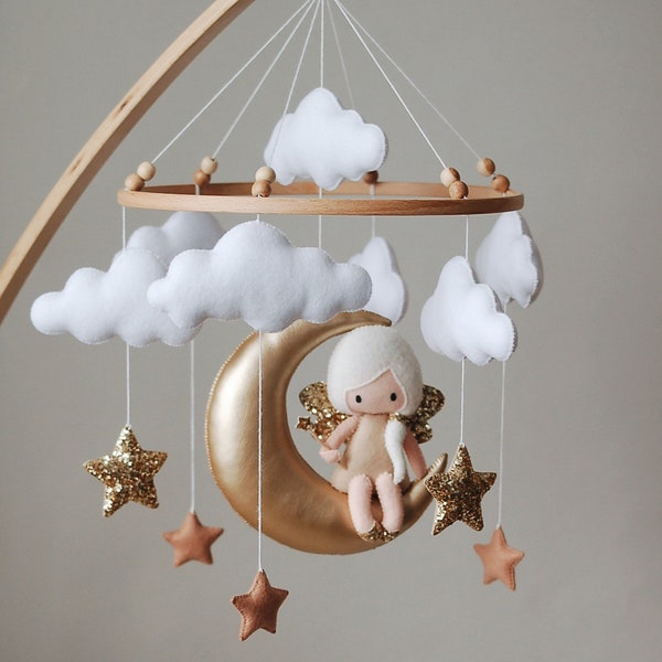 Fee auf dem Mond mobile, Baby mobile Mädchen Flügel Kinderzimmer mobile Krippe hängen mobile Wolken Blumen mobile Kinderzimmer Dekor Baby-Dusche vorhanden