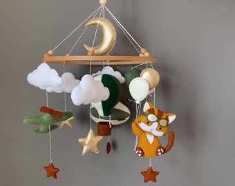 Cat Pilot and Balloons Baby Mobile | air ballon, gold stars, plane ,nursery, crib, moon, hanging mobile, clouds, baby shower