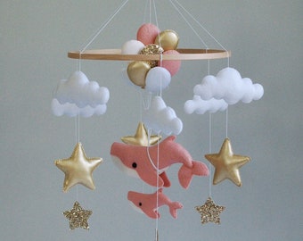 Whale Baby Mobile: Felt Sea Creatures, Pink Nursery Decor
